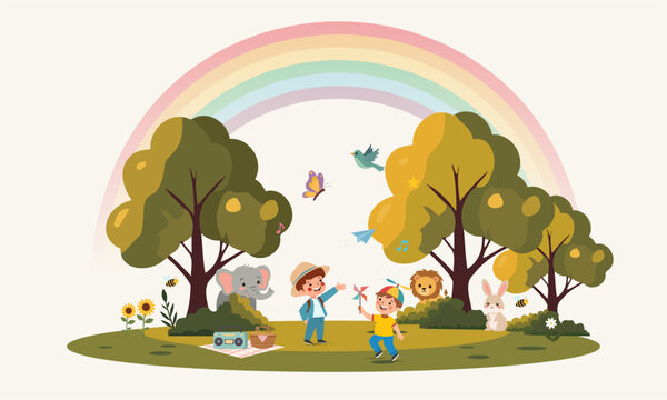 Happy Children&rsquo;s Day Illustration with Kids Playing in Nature and Cute Animals Scene, vector illustration.