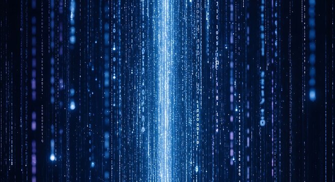 Digital data stream with cascading binary code in blue tones, resembling a matrix-style visual effect