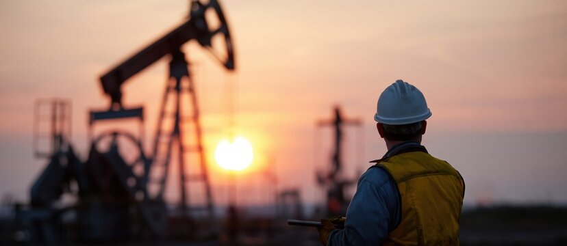 Worker in safety gear observes oil pumpjacks at sunset in an industrial oil field.