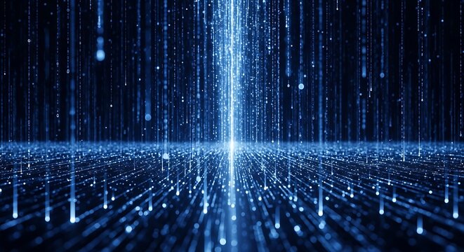Digital data stream with glowing particles falling vertically in a futuristic blue environment