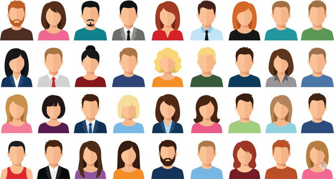 People avatar icon set. Faceless male and female user profiles. Diverse business team and community portraits. Vector illustration.