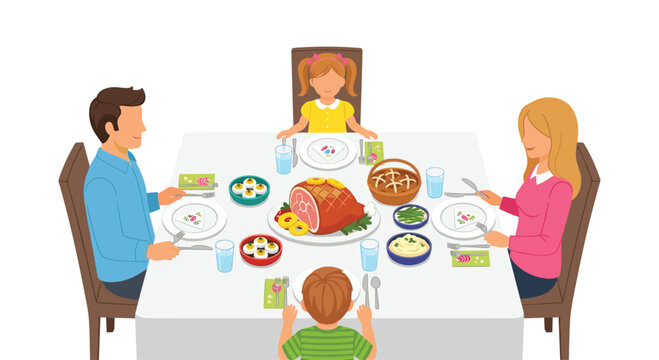 A family of four sits around a dining table set with a large ham, deviled eggs, and various side dishes.