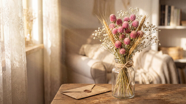 Rustic bohemian bouquet with pink Gomphrena, dried wheat, and Gypsophila in a glass vase on a wooden table