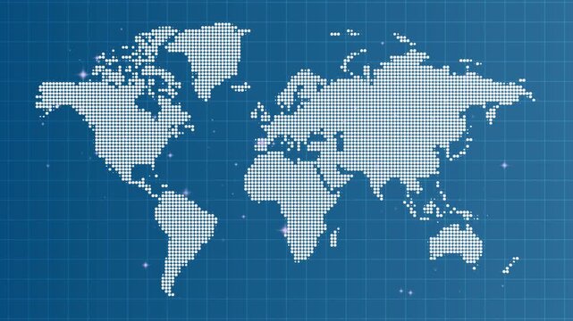 Digital world map animation featuring stylized geometric patterns and glowing particle effects on a dark blue grid background representing global connectivity and data flow