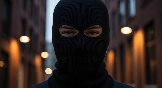Person in black balaclava looking directly at the camera in the street.