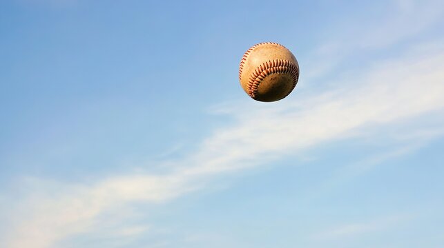 hurl. A baseball suspended in mid-air against a plain, blurred background. event key visuals, club posters, designed for sports event promotions and stadium branding, used by fitness trainers.