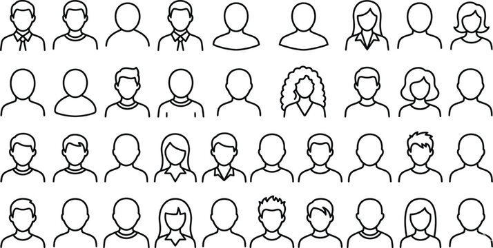 User profile avatar icon set. People portrait line symbols. Human head and team network logotypes. Vector illustration.