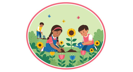 Fototapeta premium Children planting and watering sunflowers in a vibrant garden.