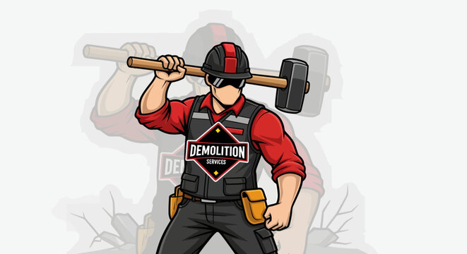 Demolition Worker with Sledgehammer Ready for Action.