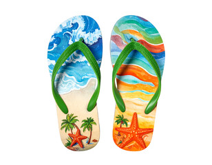 Fototapeta premium Vibrant flip-flops depict tropical beach scenes with waves, palms, starfish