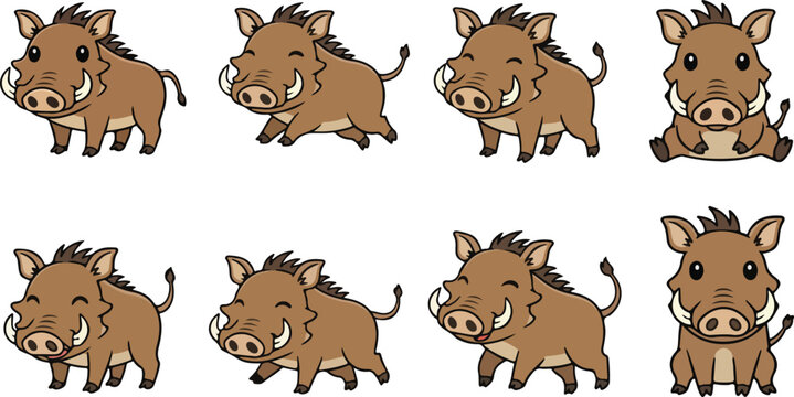 vector illustration of warthog funny cute cartoon mascot character cartoon with 8 poses 02