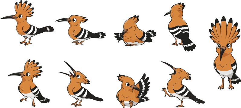 vector illustration of upupa bird funny cute cartoon mascot character cartoon with 9 poses