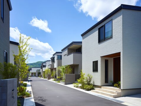 青空の下にモダンでスタイリッシュな戸建住宅が立ち並ぶ新築分譲住宅地の美しい街並み