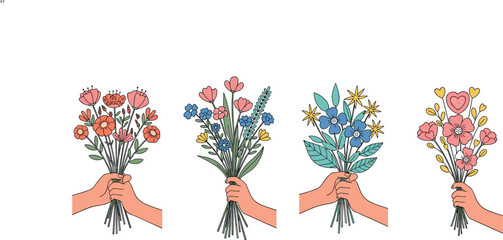 Handheld Floral Bouquets Collection with Colorful Flowers and Stems for Gift, Wedding, and Nature Designs © MstBizly