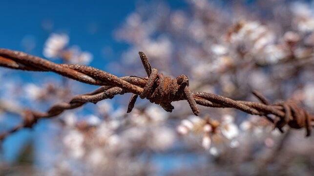 Rusty Barbed Wire Against Blurred Background of Cotton Bolls