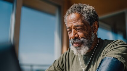 Obraz premium Man with Blood Pressure Monitor, Looking Outside Window