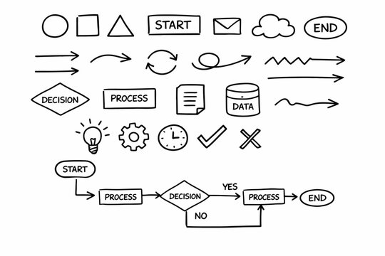 Hand-drawn flowchart elements including arrows, shapes, and decision symbols