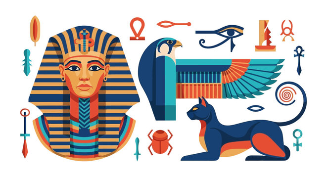 Ancient Egyptian Symbols Collection: Pharaoh Mask, Horus Falcon, Bastet Cat, Eye of Horus, Scarab and Ankh Icons in Flat Geometric Vector Style