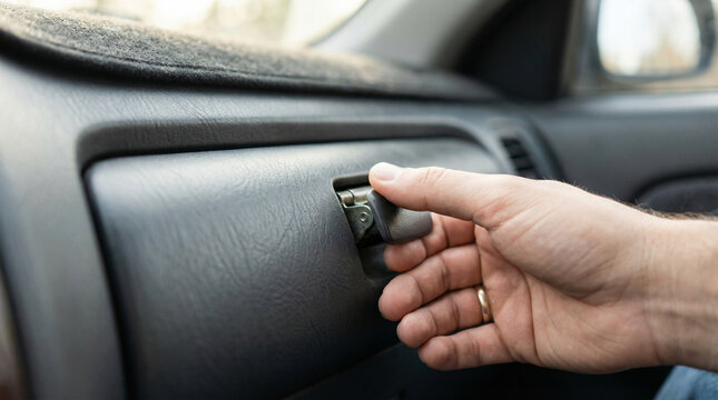 Driver opening glove box in car interior with focused hand movement  