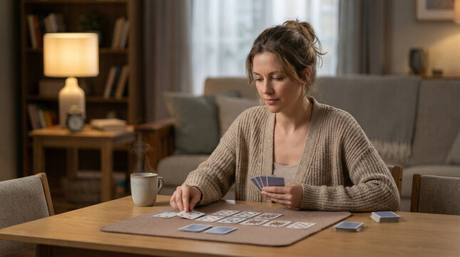 Woman playing solitaire indoors while focused at wooden table  