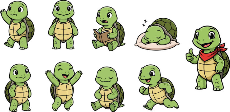 vector illustration of turtle funny cute cartoon mascot character cartoon with 10 poses 02