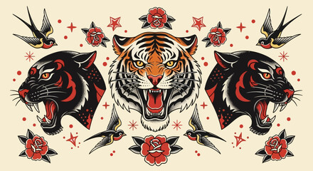 Vintage American Traditional Tattoo Flash Sheet Illustration with Roaring Tiger, Black Panthers, Red Roses, and Swallows © yuli