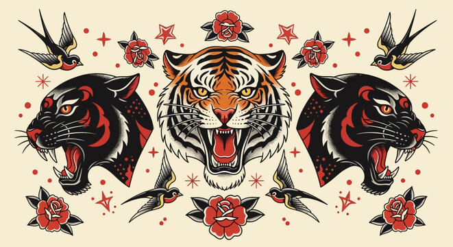 Vintage American Traditional Tattoo Flash Sheet Illustration with Roaring Tiger, Black Panthers, Red Roses, and Swallows