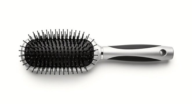 A sleek silver and black hairbrush with bristles on a white background