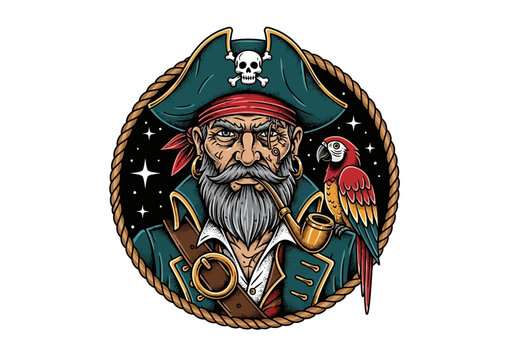 Vintage Pirate Captain Illustration with Parrot and Pipe in Nautical Rope Circle, Traditional Tattoo Style Vector Graphics