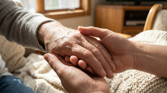 Senior man's hand being held by younger person in a cozy home setting  
