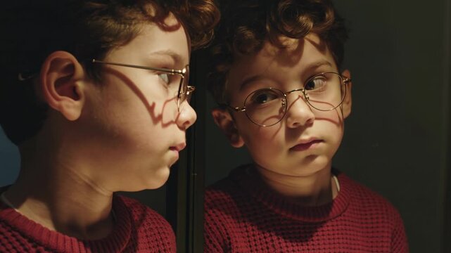 Close up of a child wearing glasses, smiling while looking at reflection in mirror, expressing curiosity, self awareness, and quiet indoor mood.