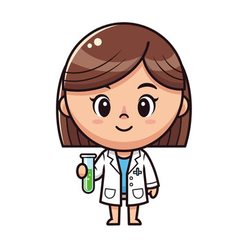 Cute Cartoon Scientist Woman Holding Test Tube with Green Liquid