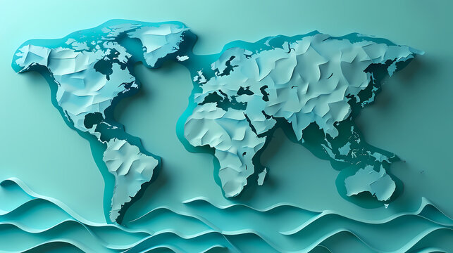 Stunning 3D paper cut world map rendered in layered shades of blue with wave-like ridges and ocean depth effect on a light background, representing global business and international expansion.