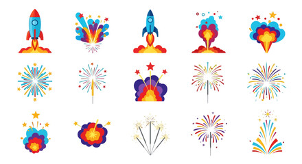 Obraz premium Vibrant collection of colorful fireworks and rocket launches, celebrating joy and festivities