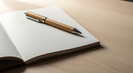 Naklejka premium A sleek wooden pen rests upon an open writing pad inviting inspiration and the commencement of thoughtful ideas perfect for conceptualizing creative projects and recording daily musings with a