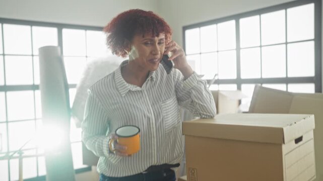 Woman brunette in striped shirt smiling, holding mug and phone to ear while leaning on stacked moving boxes in building with packing gear and ladder; moving day relief.