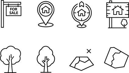 Real Estate Map and Property Listing Line Icon Set. For Sale Sign, Location Pin, House Pointer, and Land Lot © harry