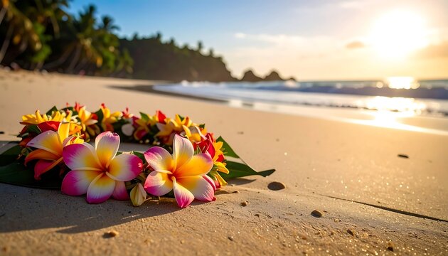 A vibrant lei rests on a sandy beach at golden hour, with ocean waves and a lush island backdrop