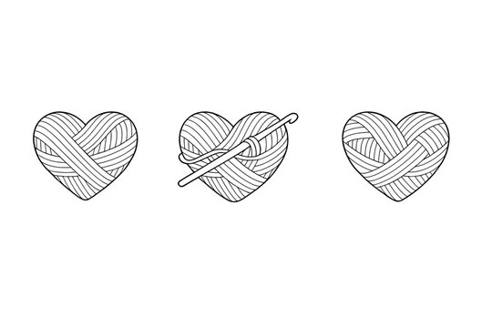 Hearts made of yarn with crochet hook highlighting the craft of knitting and crocheting