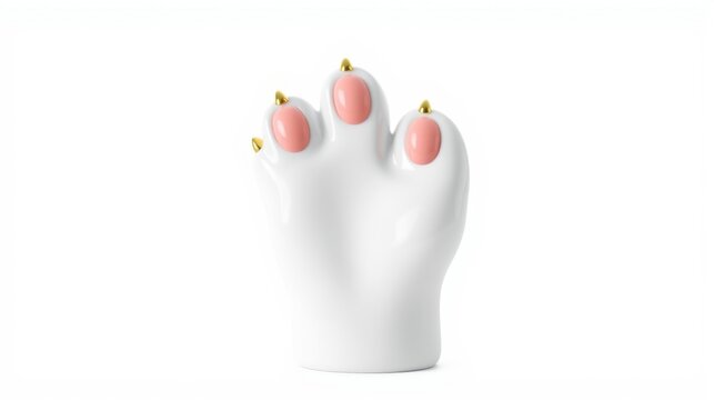 White ceramic paw with pink toe beans, golden claws. Clean studio shot, simple background, focused detail.