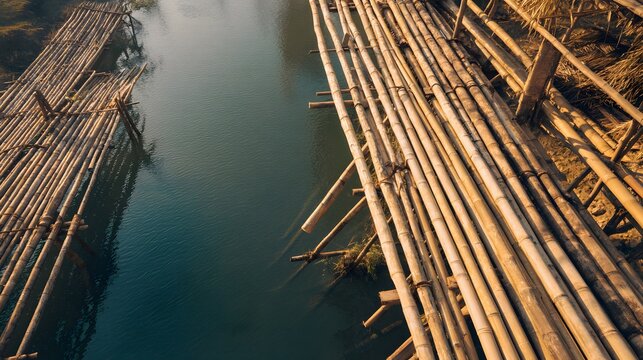Top view bamboo poles over calm river.