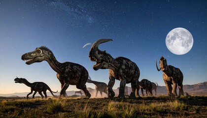 Fototapeta premium Dinosaur Herd Silhouetted Against a Moonlit Sky - A Prehistoric Journey.