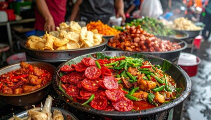 Fototapeta premium Vibrant Street Food Display - A Culinary Journey Through Flavors.