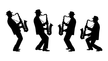 Jazz saxophone player silhouettes, set of four musician vector icons, black male saxophonist figures in hats, musical performance art © Robiul
