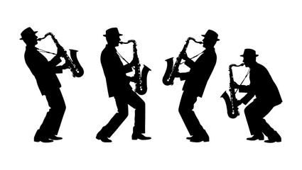 Jazz saxophone player silhouettes in various poses, black musician figures playing sax instrument, set of four male performer vector icons © Robiul