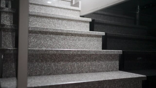 Jack Russell Terrier Dog Walking Down Stone Stairs Indoors. A white and brown Jack Russell Terrier carefully descending granite or marble steps. Concept of pet mobility, home safety