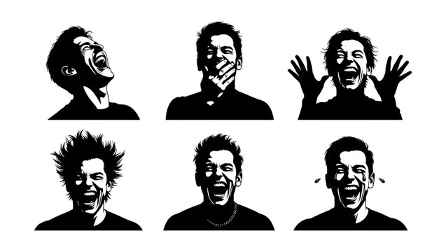 High contrast black and white portrait silhouettes of men laughing, set of 6 expressive male faces with joyful emotions, stencil style vector icons