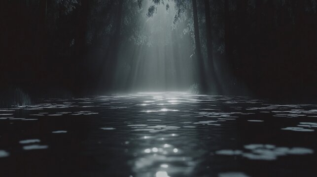 Dark forest river, sun rays, misty path, serene scene, game background