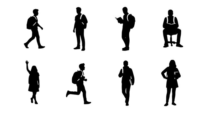 Student silhouettes set of 8 vector elements, school children with backpacks walking and standing, university students silhouettes for education design