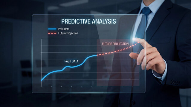Predictive analysis business concept illustrating past data trend extrapolation and future projection modeling for corporate strategy intelligence planning revenue forecasting and data driven decision